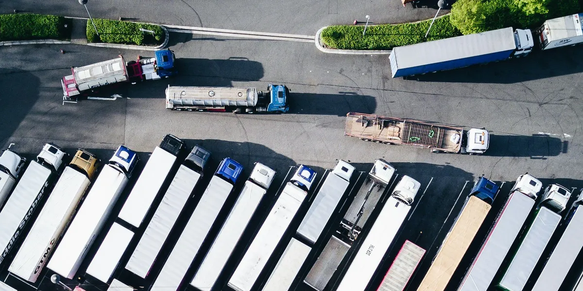 Aerial view of a freight truck parking and dispatch yard