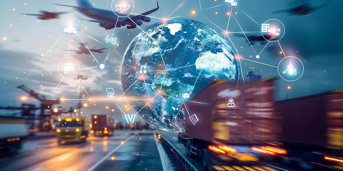 Global transport network with freight plane, container ship, and trucks connected by digital overlay