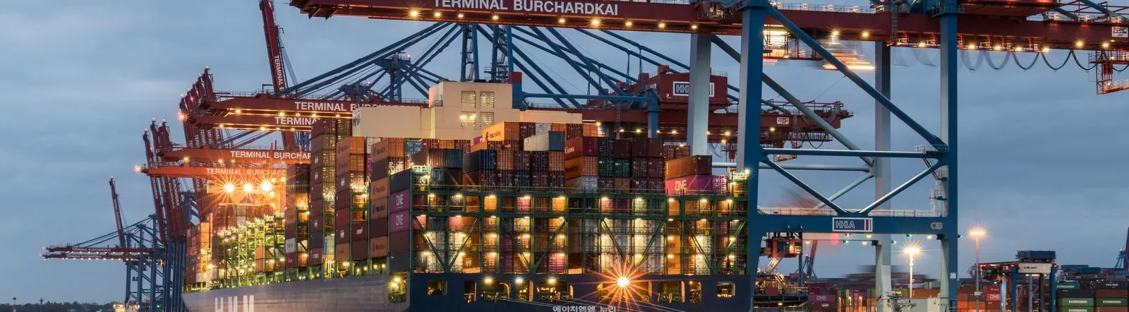 Container ships moored at Terminal Burchardkai in Hamburg, Germany during evening hours.