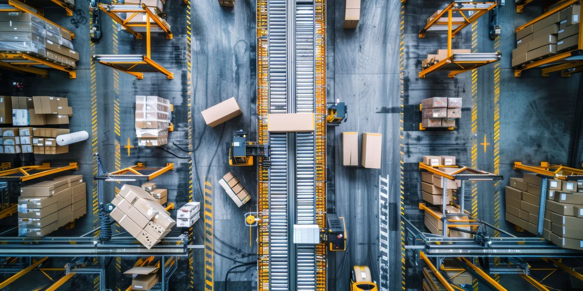 Overhead view of a warehouse with conveyor belts moving packages between storage racks
