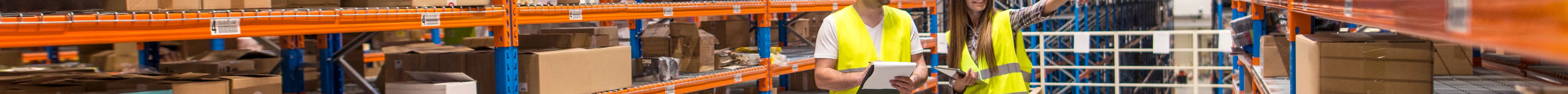 Two workers in safety vests walking through a warehouse aisle checking inventory