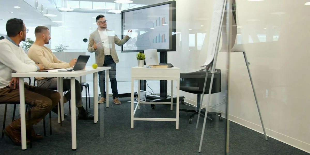 Professional presenting marketing strategy to colleagues in office