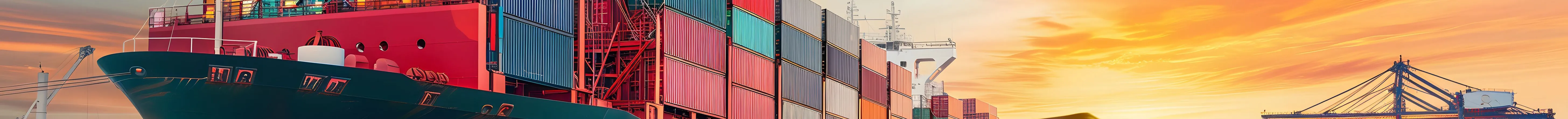 Container ship, trucks, and cargo plane converging at a freight terminal during sunset