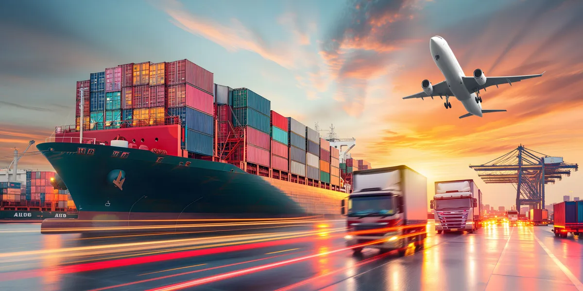 Container ship, trucks, and cargo plane converging at a freight terminal during sunset