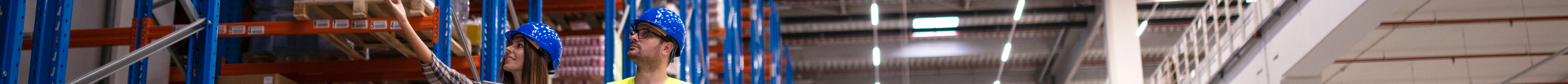 Two logistics workers walking through a large warehouse with tall storage shelves