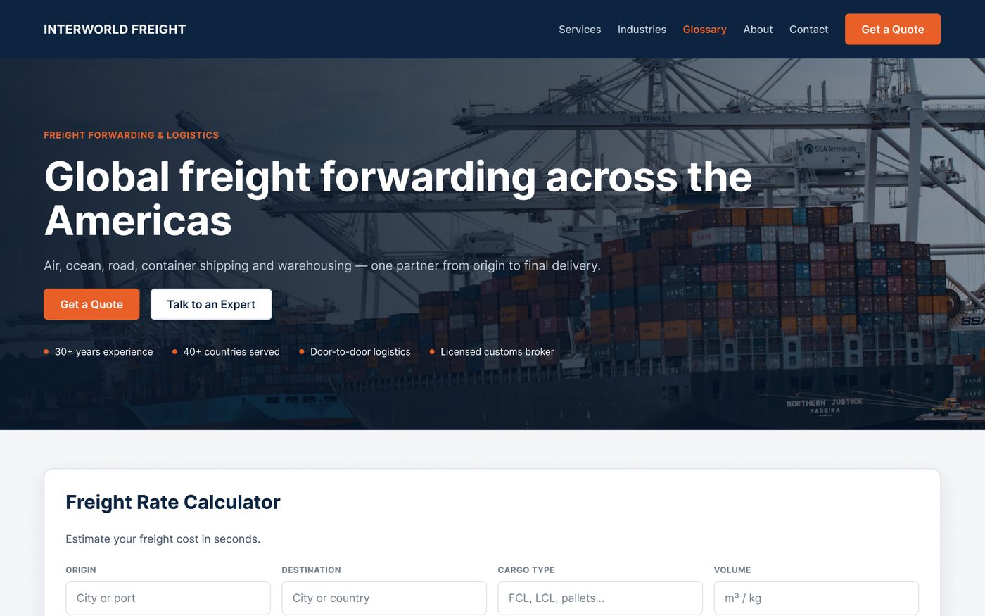 Interworld Freight website, designed by F5